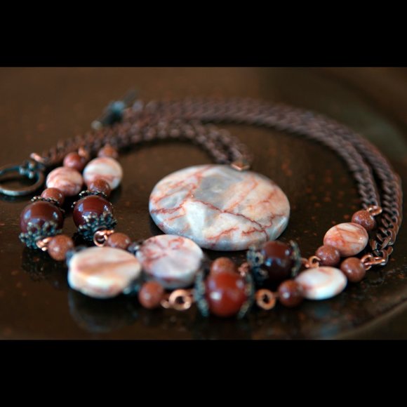 Hand Crafted Jewelry - NEW Handmade - Necklace of Red Vein Marble, Carnelian and Goldstone Beads